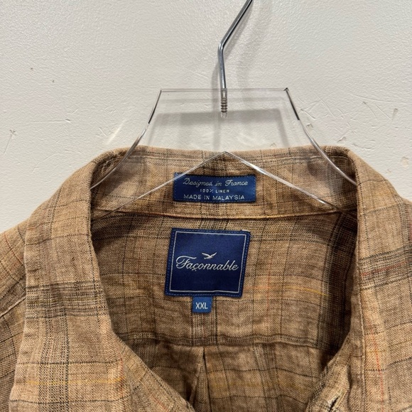 Faconnable Linen Long Sleeve Button Down Shirt Plaid Tan XXL Lagenlook - Picture 4 of 6